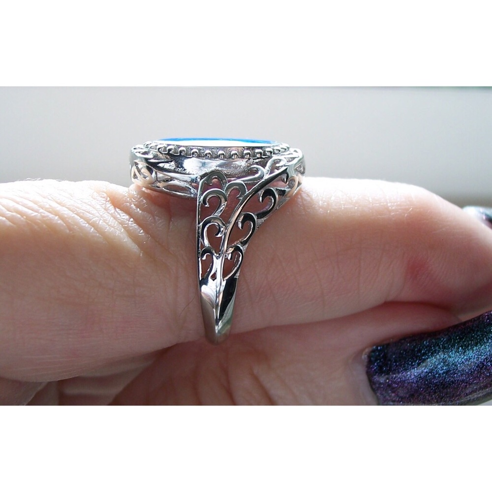 925 STERLING SILVER Lab Created Blue Fire Opal Ring - Picture 8 of 16